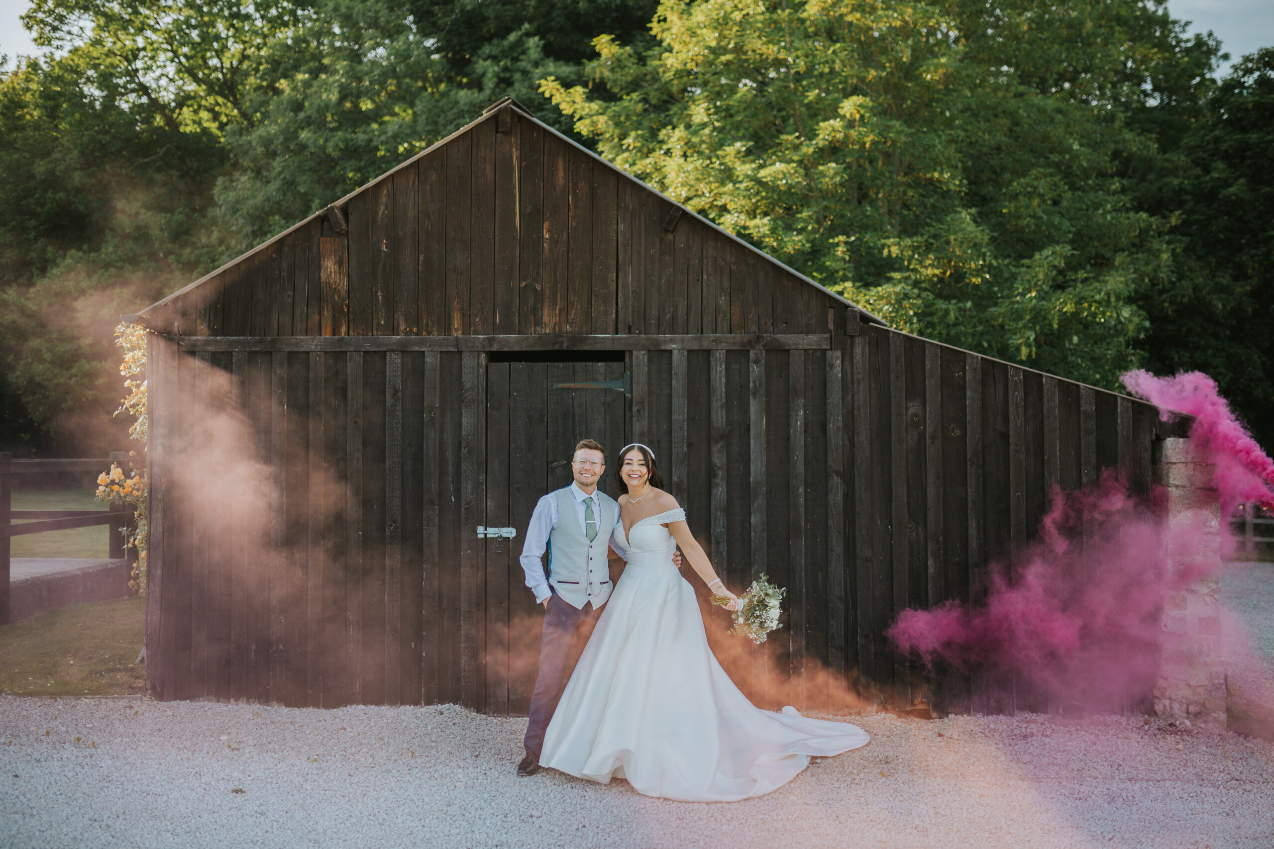 Recently married couple on their wedding day at Hazel Gap Barn, part of the Cripps & Co family. Photograped by Slate Cottage Studio.