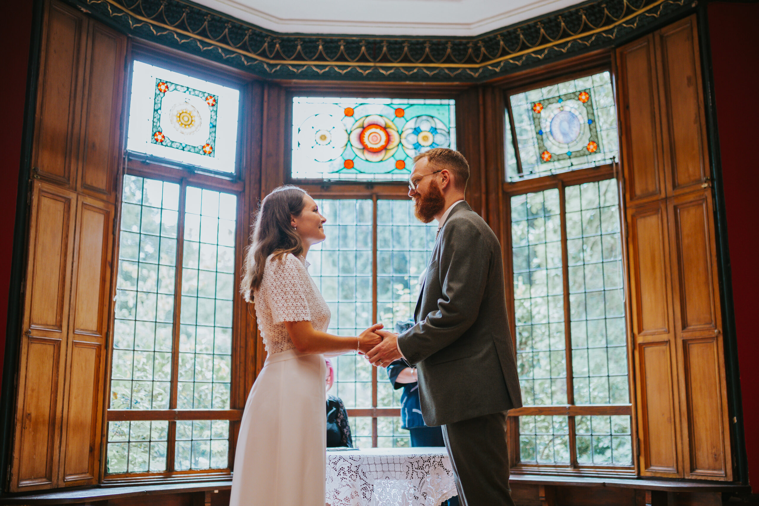 Recently married couple at their small, intimate wedding at The Old Parsonage, Manchester.