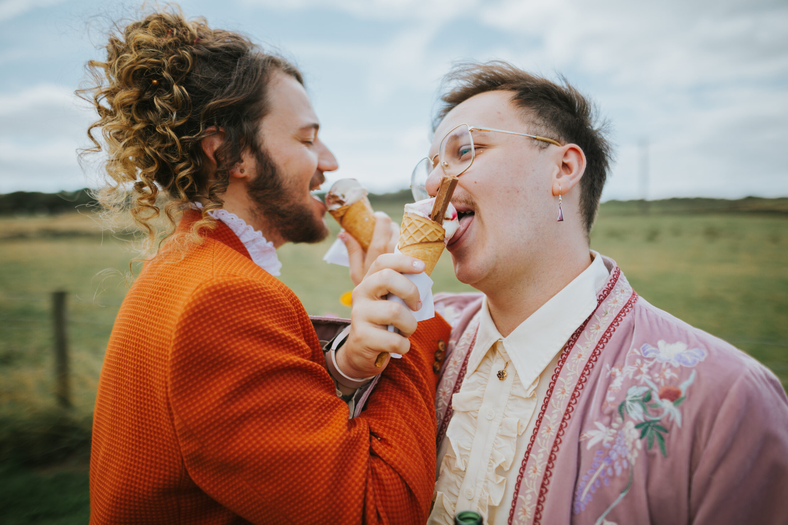 Couple at The Chilli Barn on their wedding day with organic ice creams. Photographed by Slate Cottage Studio who guided the couple to achieve relaxed wedding day photography.